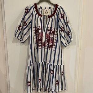 Figue Bria Embroidered Sequin and Stripe Blue and White Dress